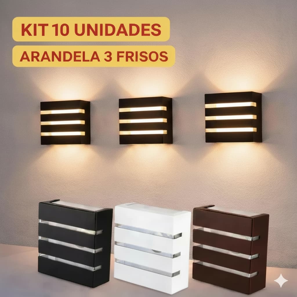 Kit 10un Arandela Slim Luminária 3 Frisos 2 Focos Uso Externo e Interno Acompanha Lâmpada LED Bivolt