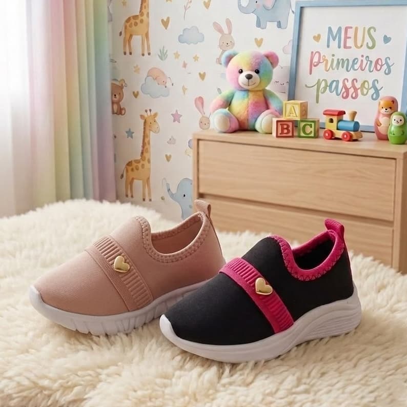 Tênis Calce Fácil KIT 2 Calçados Infantil Nude e Pink Com Elástico e Pingente Coração Lindo Confortável