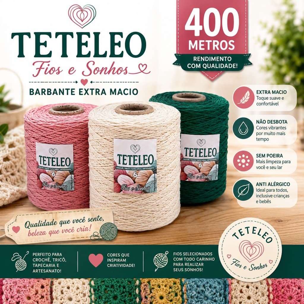 Barbante TeteLeo Nº 6 400 Metros – Fio Premium para Crochê | Antialérgico, Extra Macio, Sem Poeira e Não Desbota