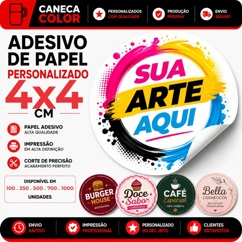 1000 Adesivo de Papel Personalizado 4x4 cm | Etiqueta com Sua Arte ou Logo 100, 300, 600 Unidades
