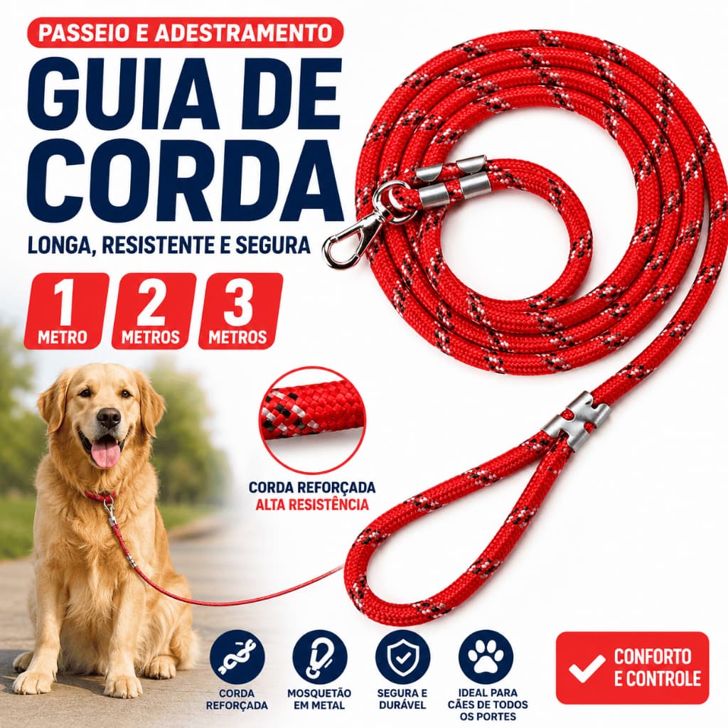 Guia de Corda para Cachorro 1m 2m 3m Reforçada para Passeio e Adestramento com Mosquetão