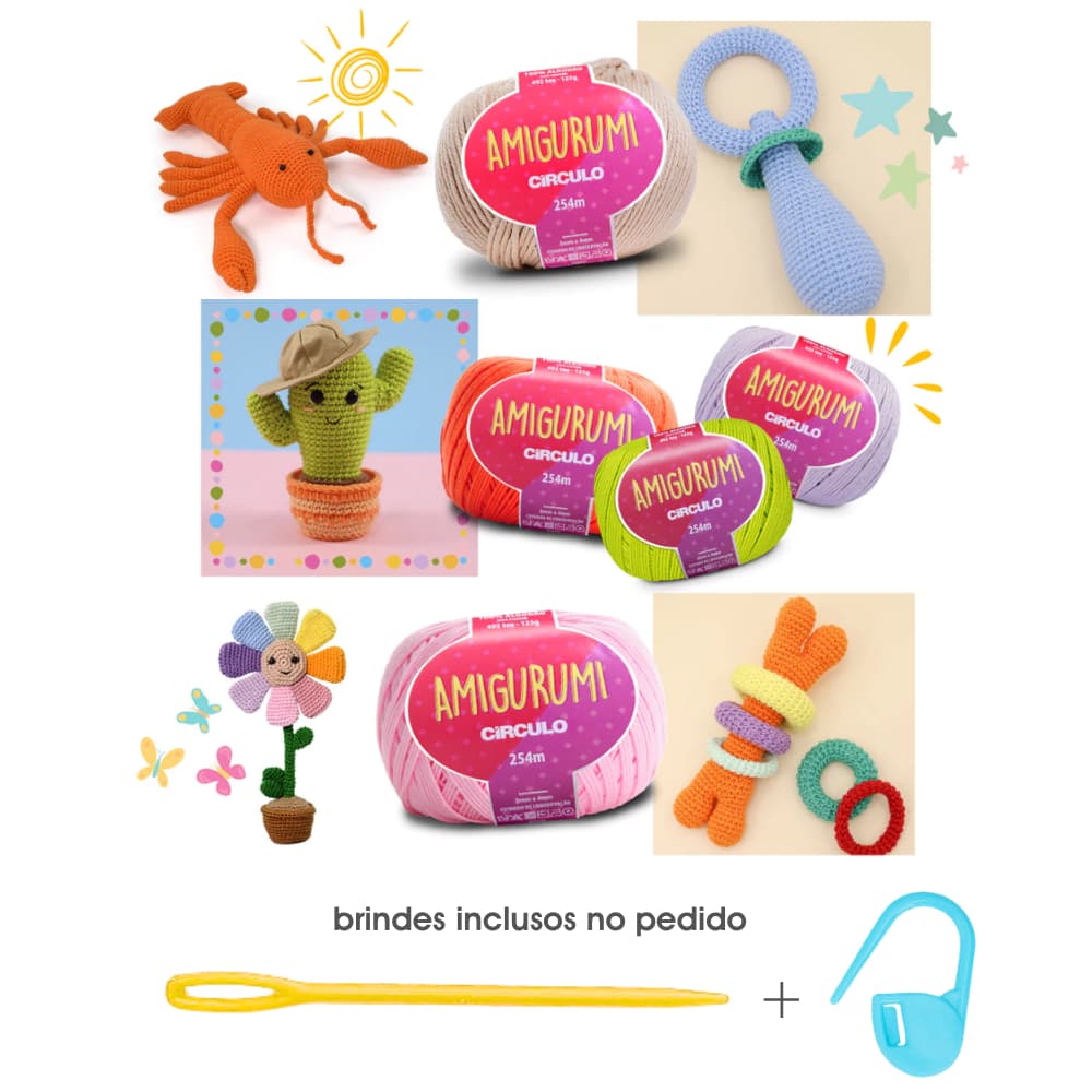 Kit 2 Novelos Fio Linha Amigurumi Círculo 254m 125g - Crochê + Agulha 7cm e Marcador Cadeado