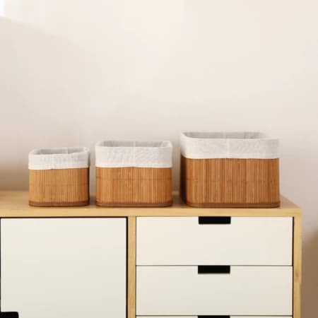 Kit 3 Cestos Organizadores de Bambu Natural  Multiuso Organizador  Casa Banheiro Cozinha Decoração Ambiente