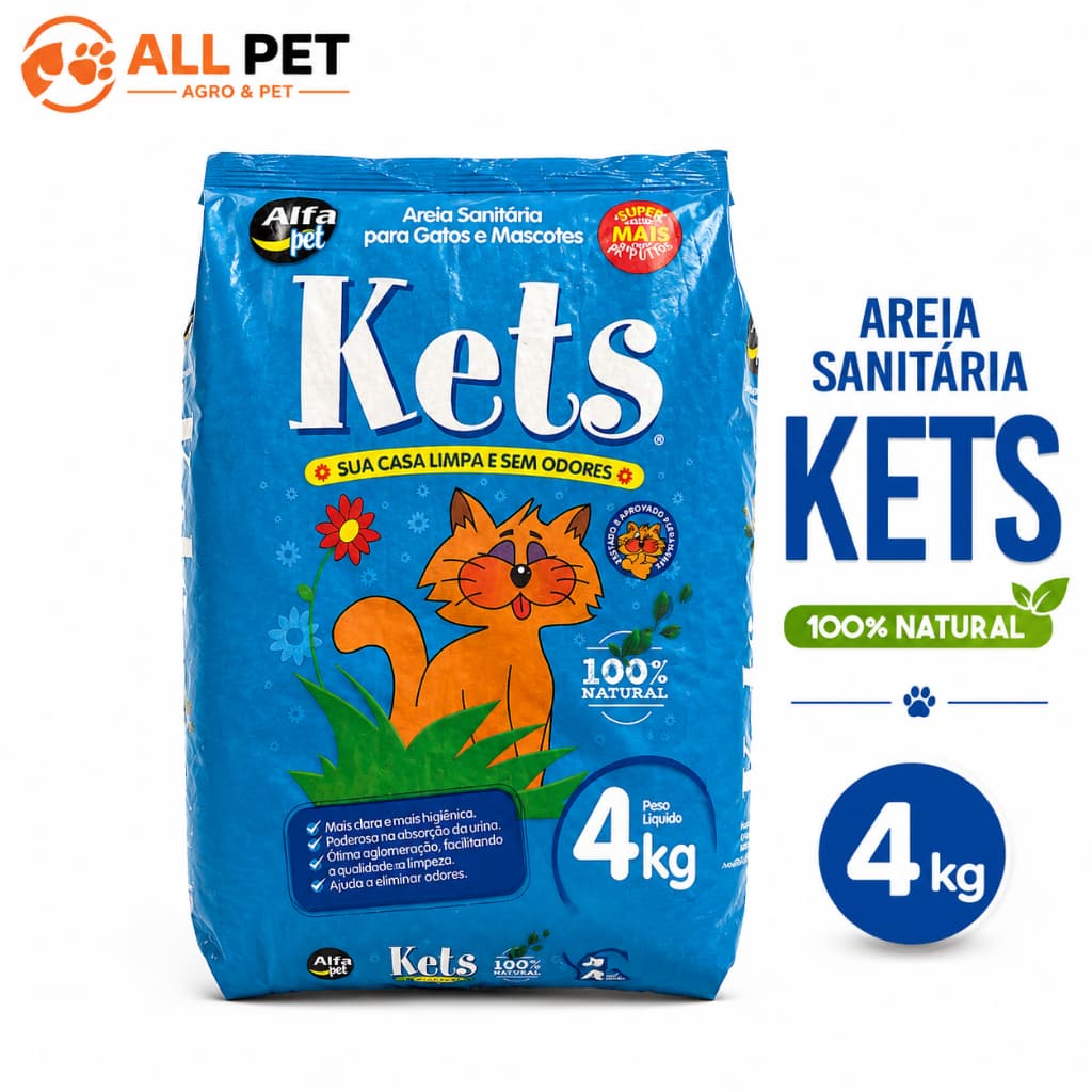 Areia Sanitária Kets 4kg Para Gatos Alta Absorção Controle de Odores 100% Natural