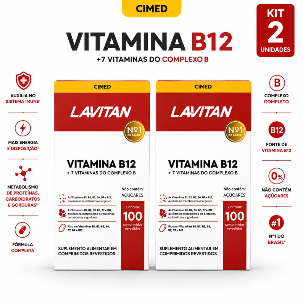 Lavitan Vitamina B12 Metilcobalamina Zero Açúcar - 100 Comprimidos Suplemento | Kit 2 Unidades
