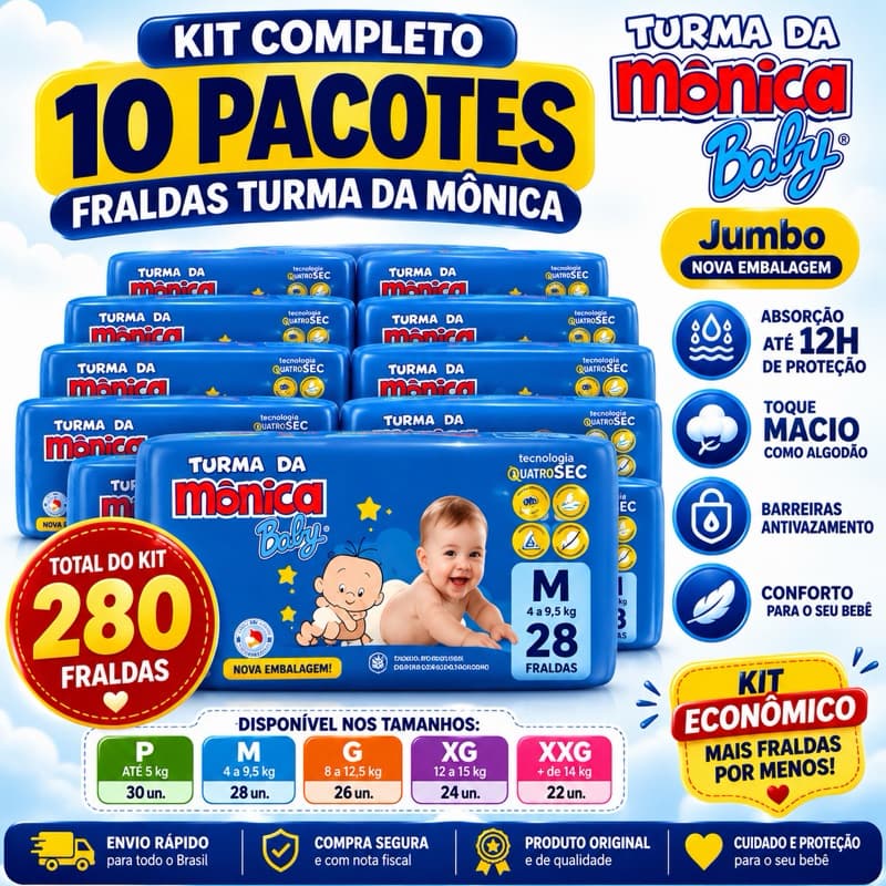 Kit 10 Pacotes de Fralda Turma da Mônica + Lenço Umedecido + Sabonete Infantil + Pomada