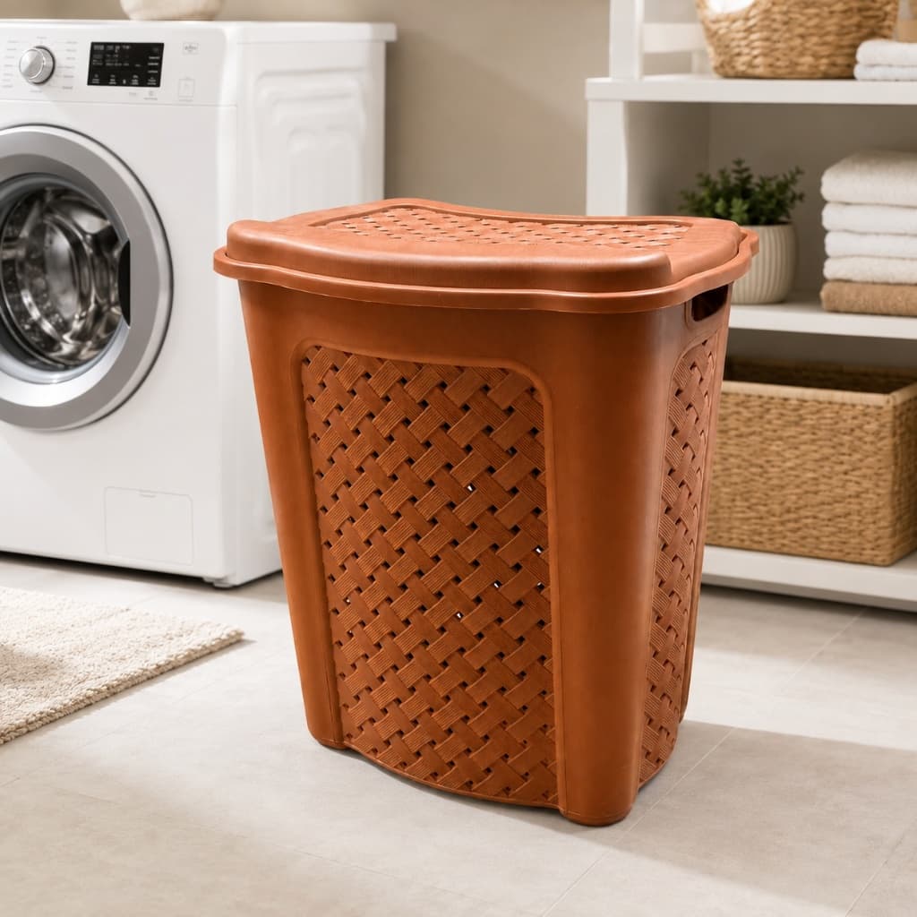 Cesto Organizador de Roupa Suja 45 L Rattan Terracota com Tampa e Alça para Lavanderia Banheiro Quarto e Casa Grande