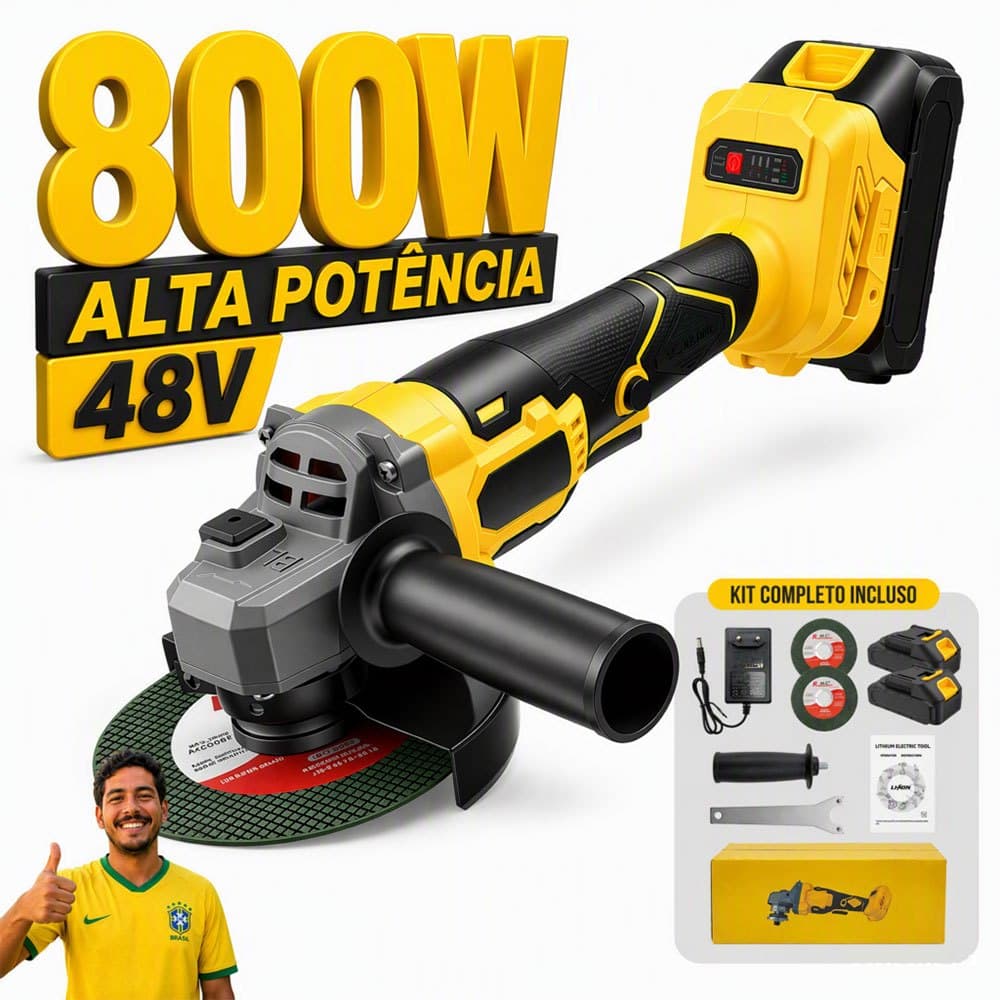 Kit Esmerilhadeira Sem Fio 48V 12000RPM com Duas Baterias e Disco 125mm para Oficina e Reparos