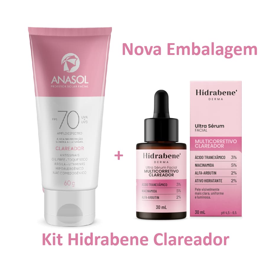 Kit Clareador de Manchas de Pele e Proteção 1 Protetor Solar Facial 70 Clareador Anasol  + 1 Sérum Clareador Hidrabene