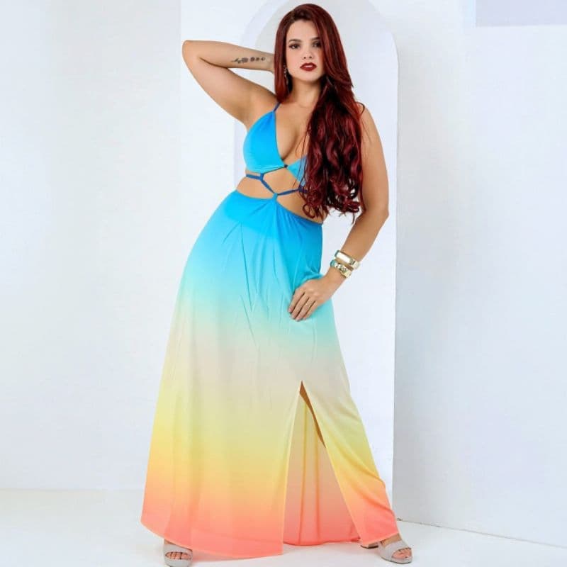 Vestido Feminino Longo  Com Fenda Vestido Degradê Estiloso Luxo Estampado Costa Nua Estilo Verão