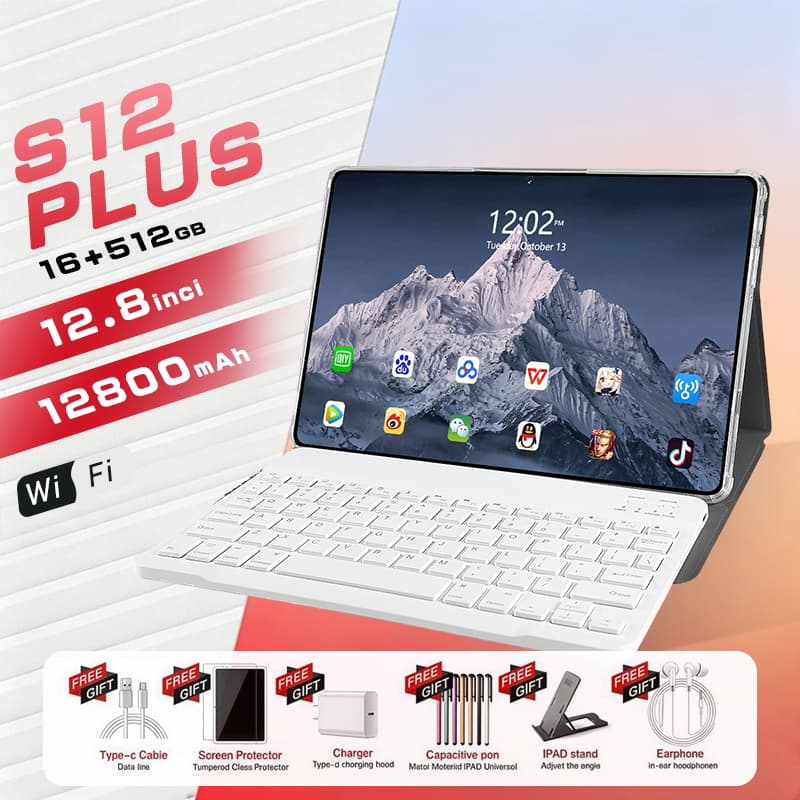 Galaxy Tablet S12 Plus 12.8" 16GB+512GB Android 15 HD Screen 12800mAh Battery 48MP Camera Keyboard Case Stylus GPS - New