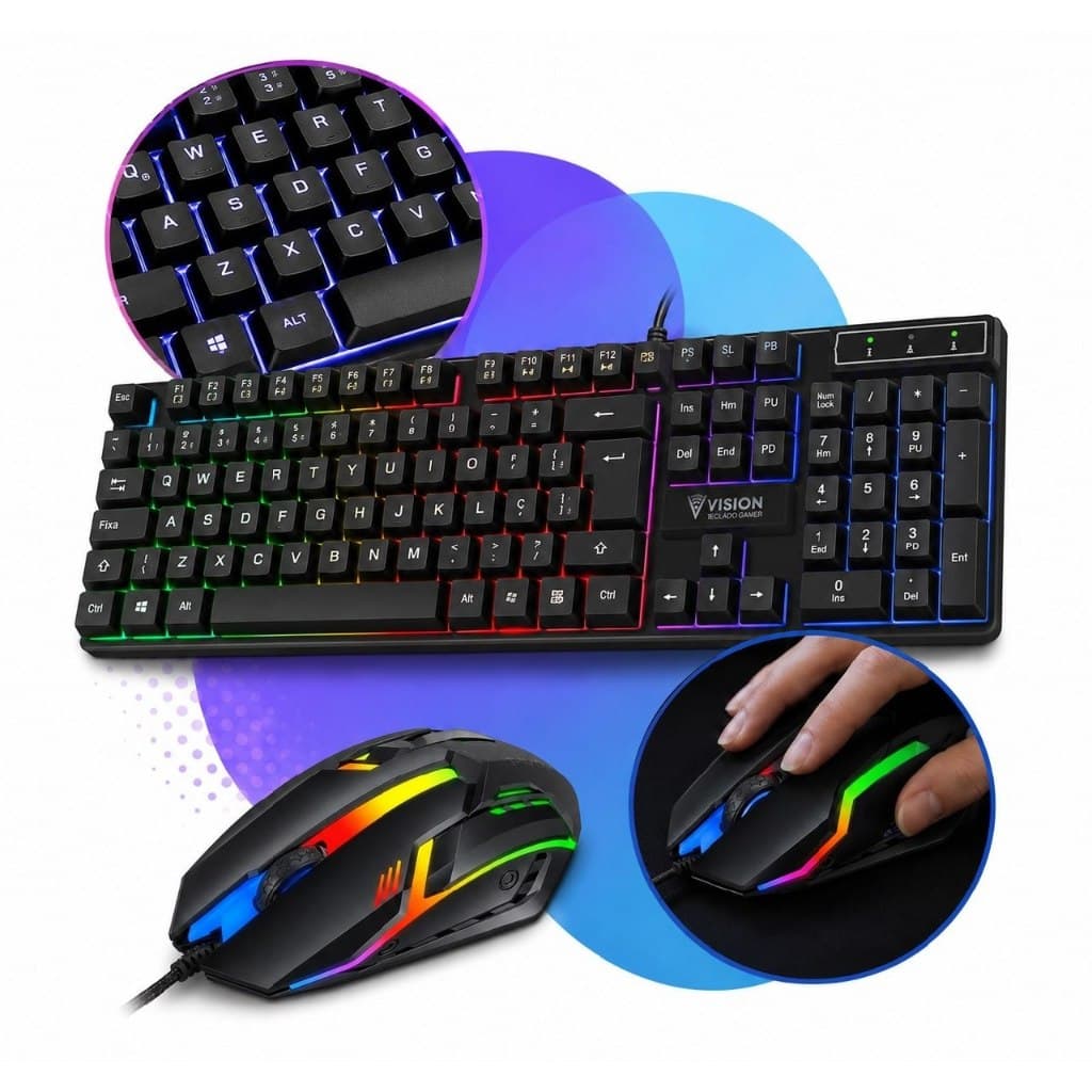 Kit Teclado Gamer Semi Mecânico RGB Profissional + Mouse Gamer 2400 DPI USB LED