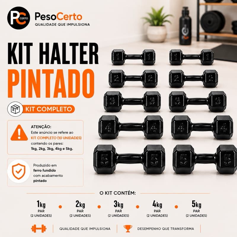 Kit Par Halteres Pintados 1kg a 5kg -10 Unidades Peso Academia Musculação Treino Casa