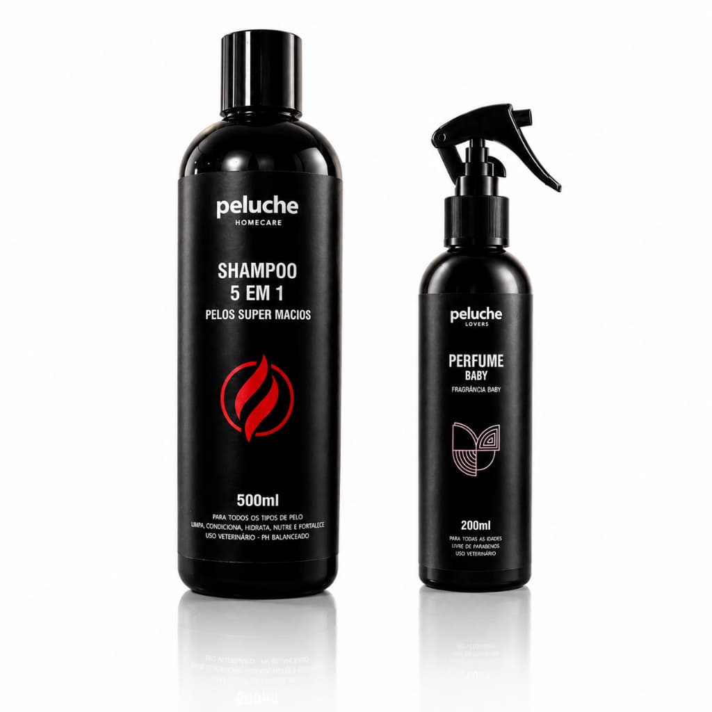 Shampoo 5 em 1 para Cachorro Perfume Baby Colônia Pet Peluche Kit Banho Completo para Cães Banho e Tosa