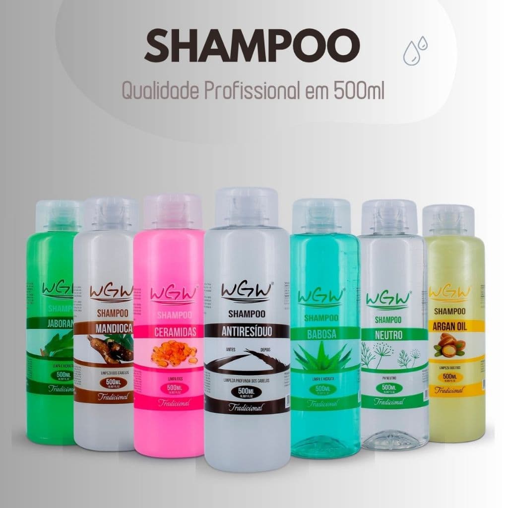 Shampoo WGW 500ml Profissional Hidratante Limpeza Profunda Neutro Babosa Mandioca Jaborandi Ceramidas  Pessego Argan