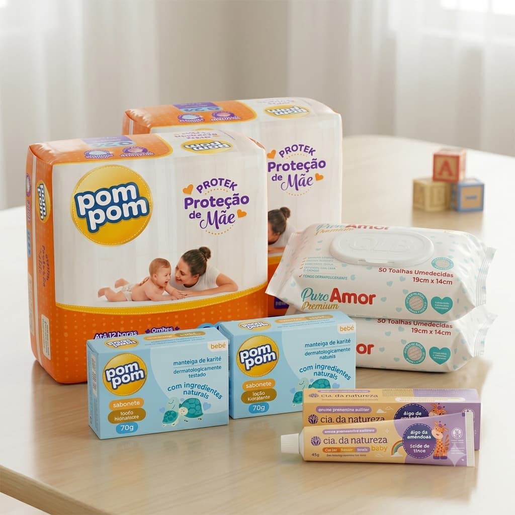 Kit Chá Fralda Bebê 2 Pacotes de Fraldas Pompom 2 Lenço Umedecido 2 Sabonetes 1 Pomada Assaduras Presente