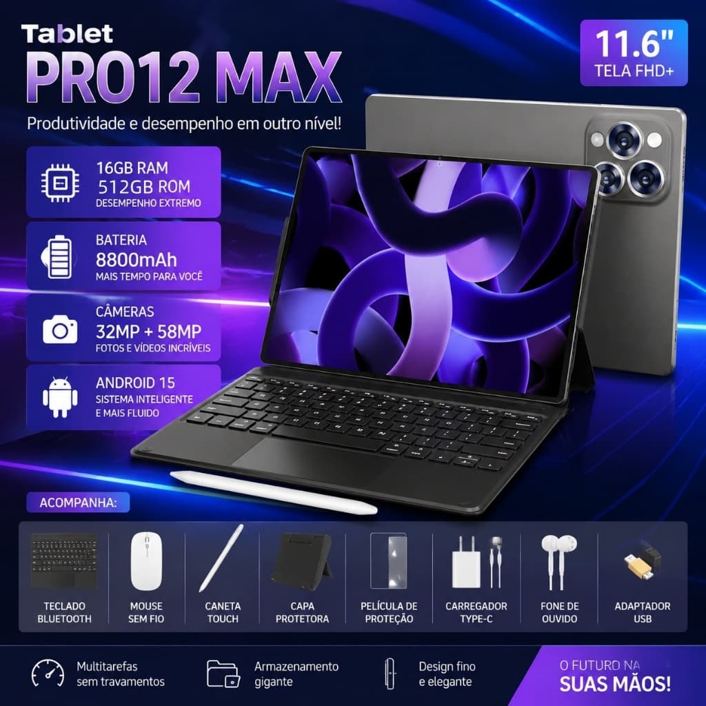 Tablet Galaxy PRO12 MAX 11.6" FHD+ 16GB RAM+ 512GB ROM 8800mAh Android 15 5G + Bluetooth 5.0 Câmeras 32MP+58MP Tablet PC