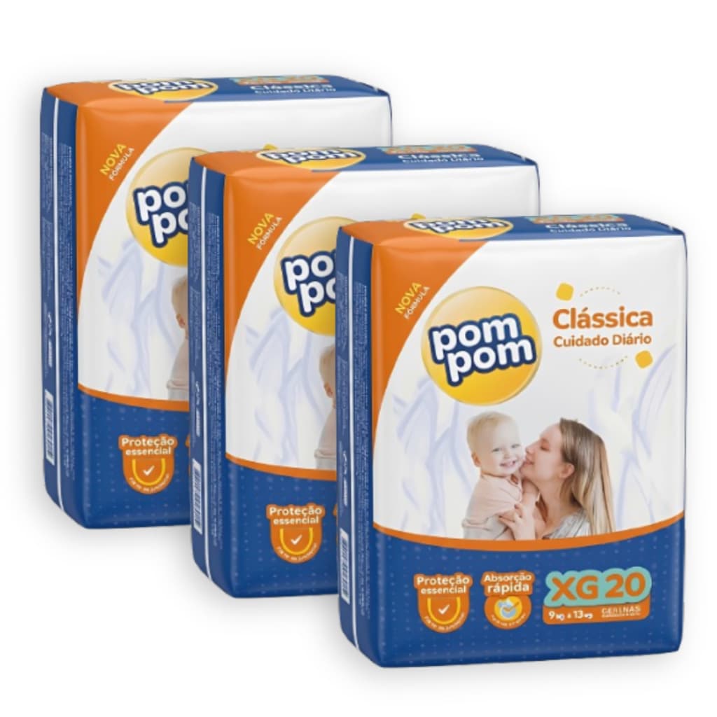 Kit 3 Fralda Descartável Pom Pom Clássica Tamanho XG Pacote Jumbo - Total 60 Unidades