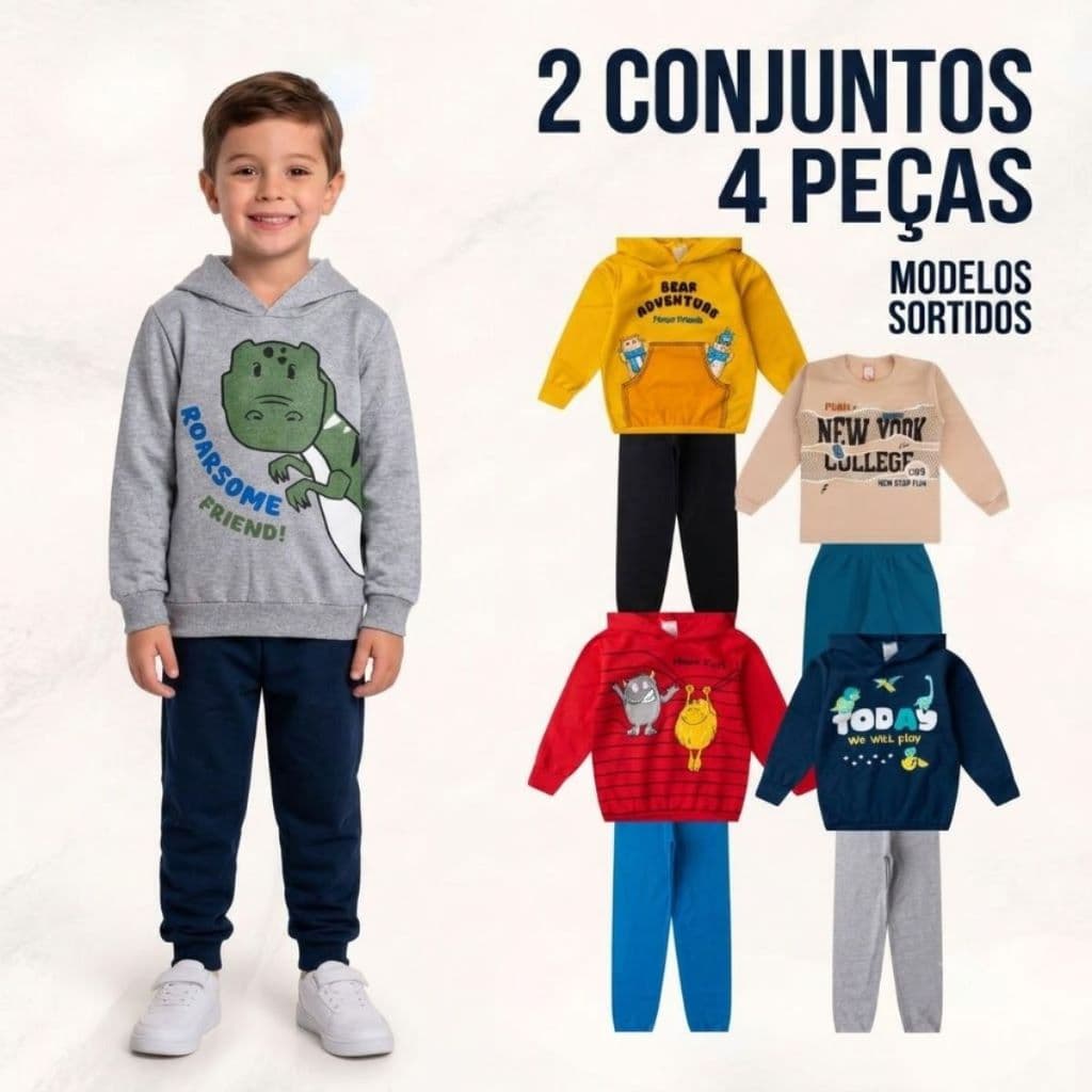 Kit 4 Peças Moletom Atacado Barato Masculino Menino Infantil 2 Conjuntos Roupas Frio Casaco + Calça