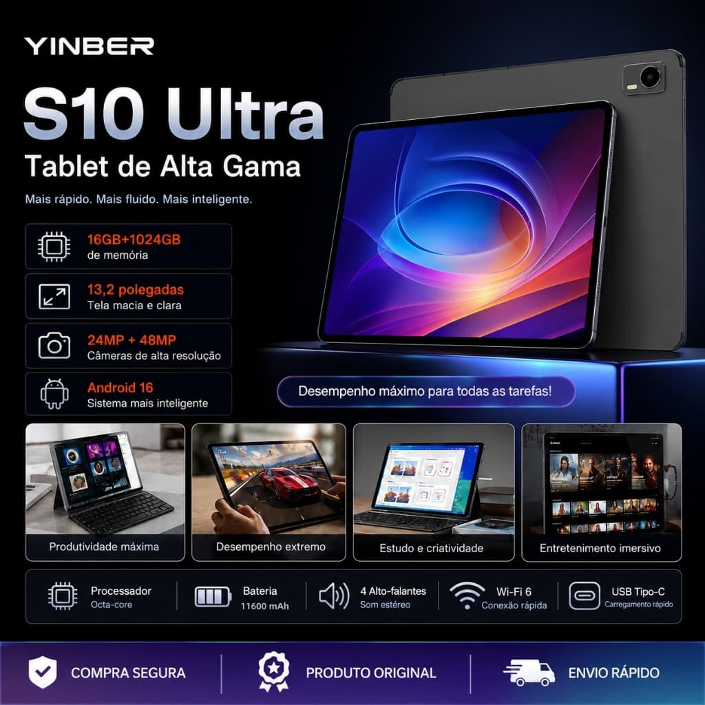 Tablet YINBER S10 Ultra 16GB+1024GB Android 16 | Tela 13.2" 2K | Câmera Dupla 24MP+48MP | PC 2 em 1 com Teclado | Wi-Fi
