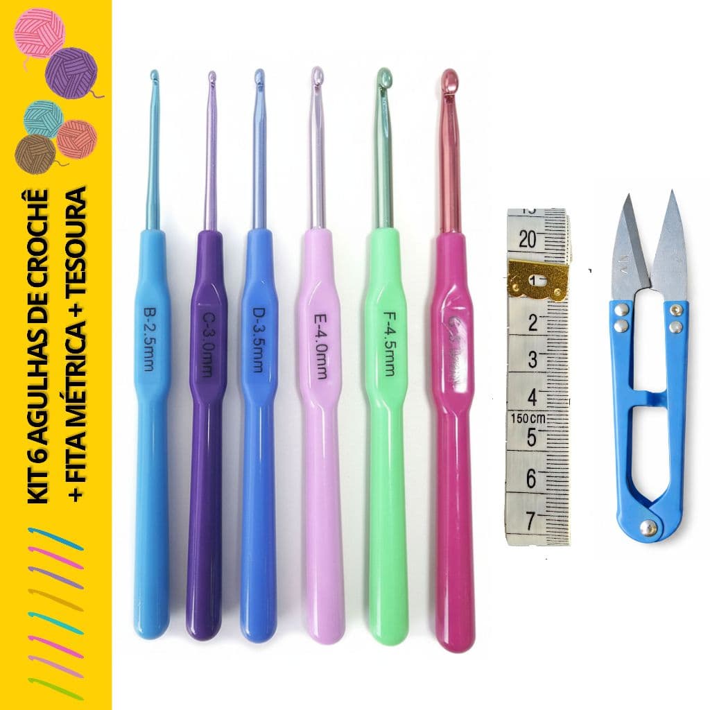 Kit Crochê Amigurumi Iniciante com 6 Agulhas de Crochê + Tesoura + Fita Métrica