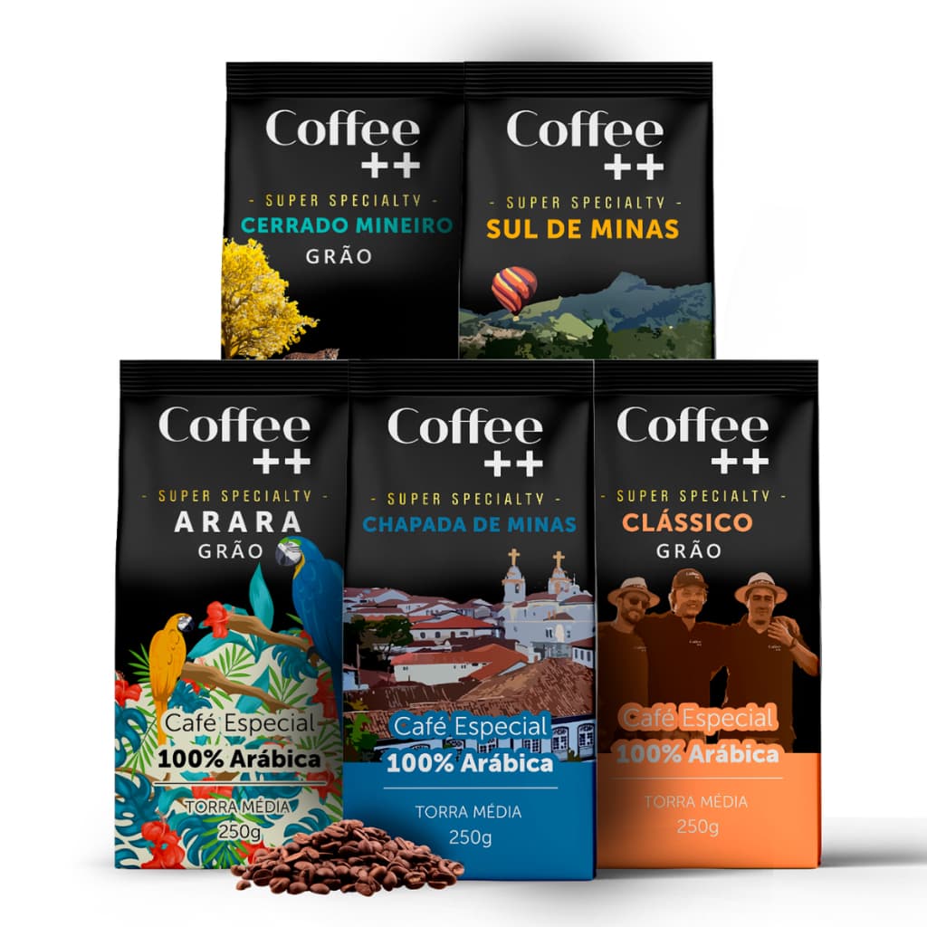 Kit 5 Pacotes Café Especial Em Grãos Coffee Mais Cerrado Mineiro, Sul de Minas, Arara, Chapada de Minas e Clássico