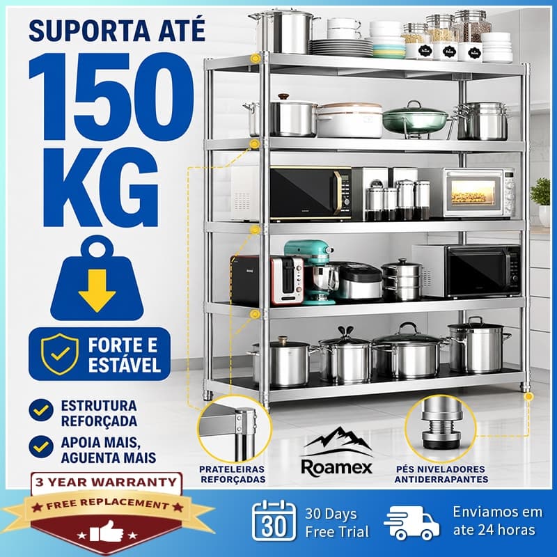 Estante de Cozinha em Aço Inox 3/4/5 Prateleiras Multiuso Organizador Reforçado para Cozinha 60/80/100cm