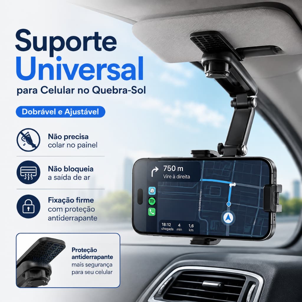 Suporte de Celular para Quebra-Sol do Carro, Dobrável, Ajustável, Universal e Antiderrapante, Não Bloqueia a Saída