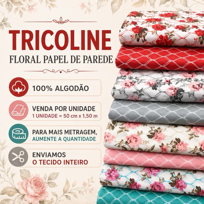 Tecido  Tricoline Estampado 100% Algodão 50x150 Floral Patchwork Costura
