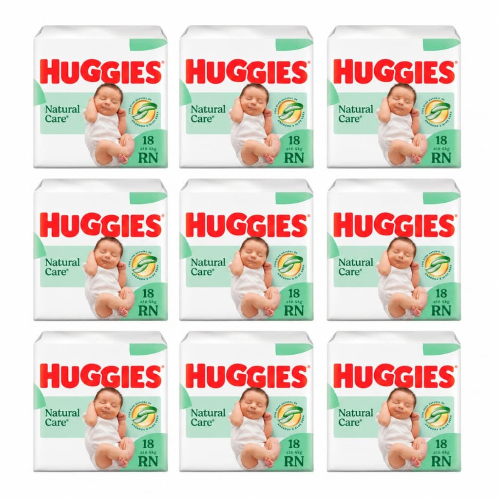 Fralda huggies natural care RN 18un recém nascido com 9 pacotes