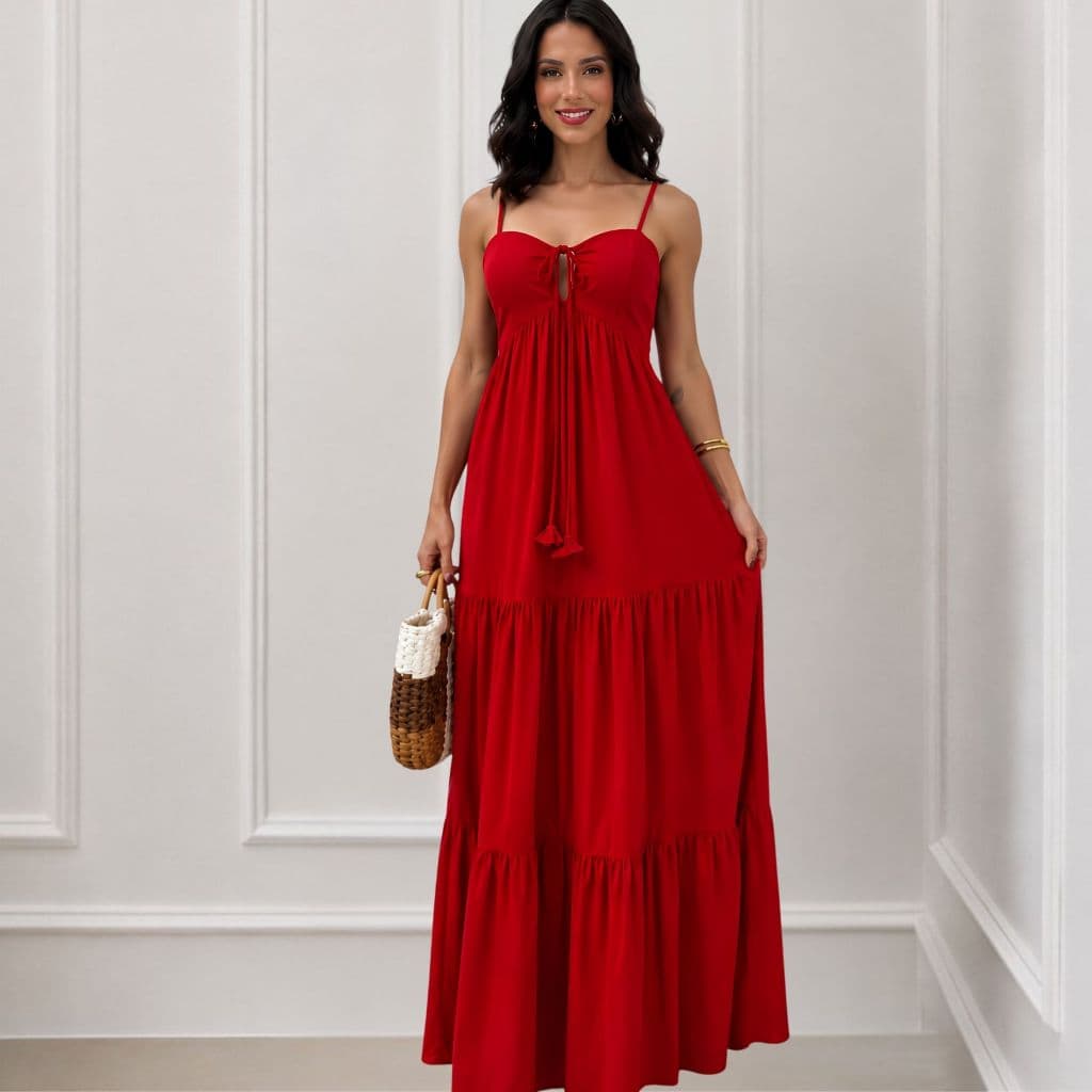 Vestido  Feminino longo com Lastex nas Costas, Detalhe no Busto – Moda 2026 único Tendencia verão