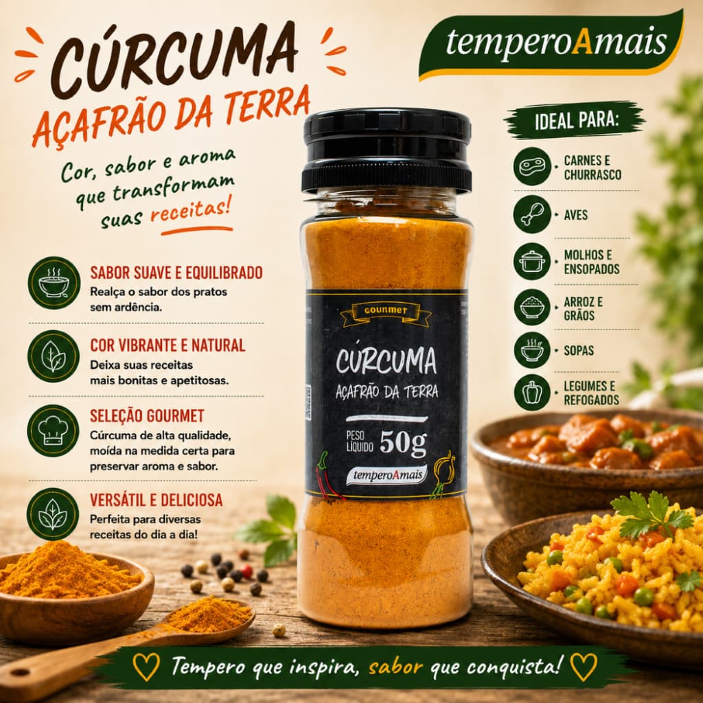 Cúrcuma, Açafrão da Terra em Pó 50g Pote Tempero para cozinhar Qualidade Tempero A mais