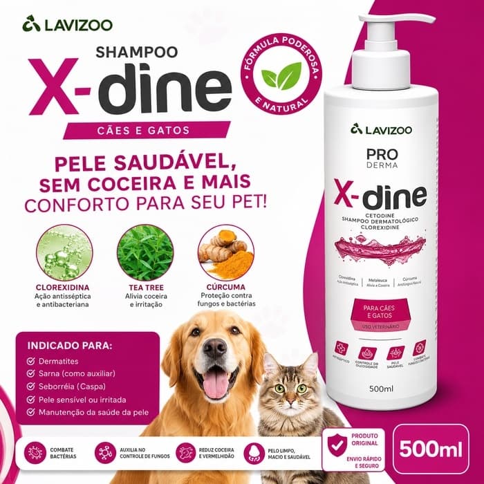 Shampoo Lavizoo X-Dine 500ml com Clorexidina: Antifúngico e Antisséptico para Cães e Gatos