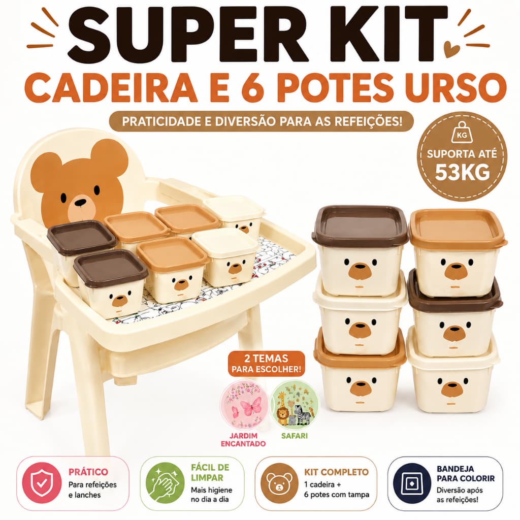 Kit Cadeira Poltrona de Alimentação Infantil + 6 Potes com Tampa Bebê