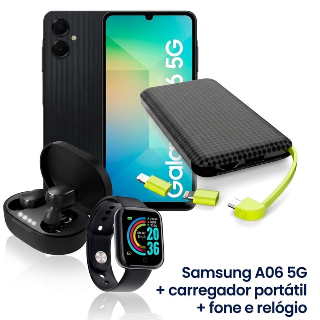 Celular Samsung Galaxy A06 128GB 5G +Carregador Portátil PowerBank + Fone De Ouvido + Smartwatch