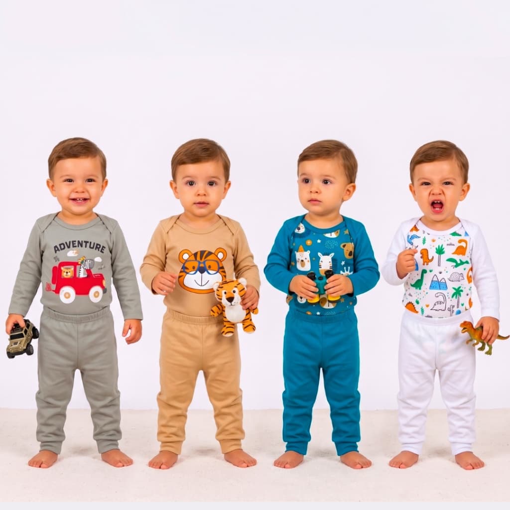 Kit 10 Peças Conjunto Bebê Menino 5 Body Manga e 5 Calça Mijão em Algodão com Botão Estampado P M G Enxoval