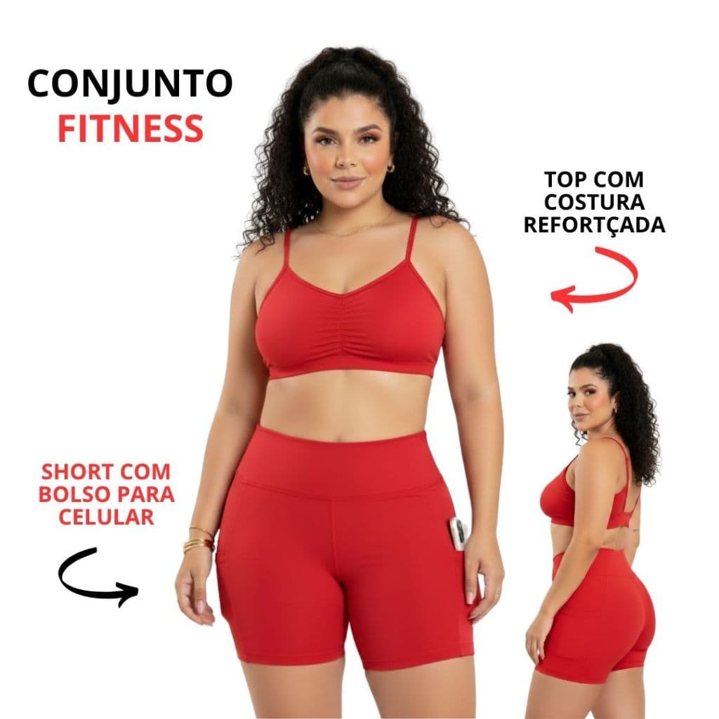 Conjunto Fitness Short Com Bolso Lateral Celular Top Reforçado Academia Treino Moda Fitness Feminina Roupa De Ginástica