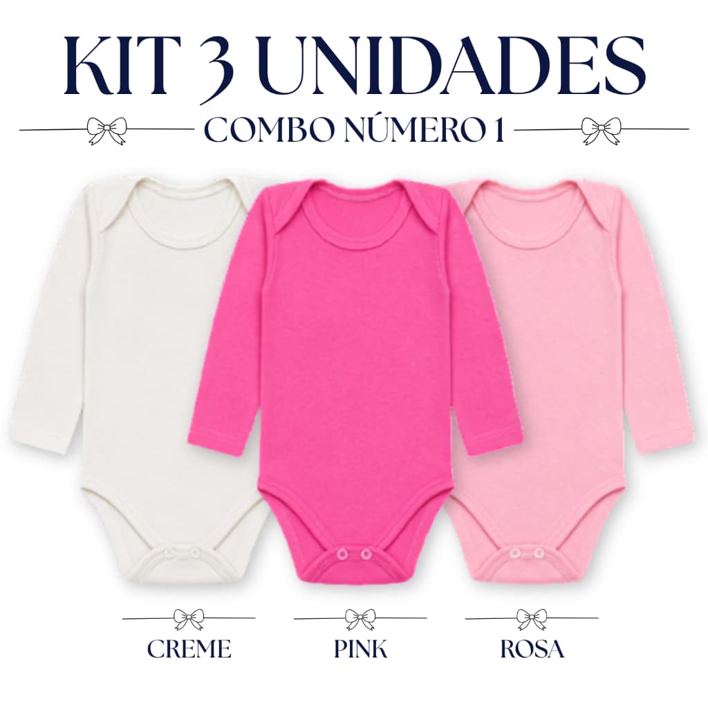 Kit 3 Peças Body Bebe Para Menina Manga Longa Infantil Cor Lisa Enxoval Maternidade Presente
