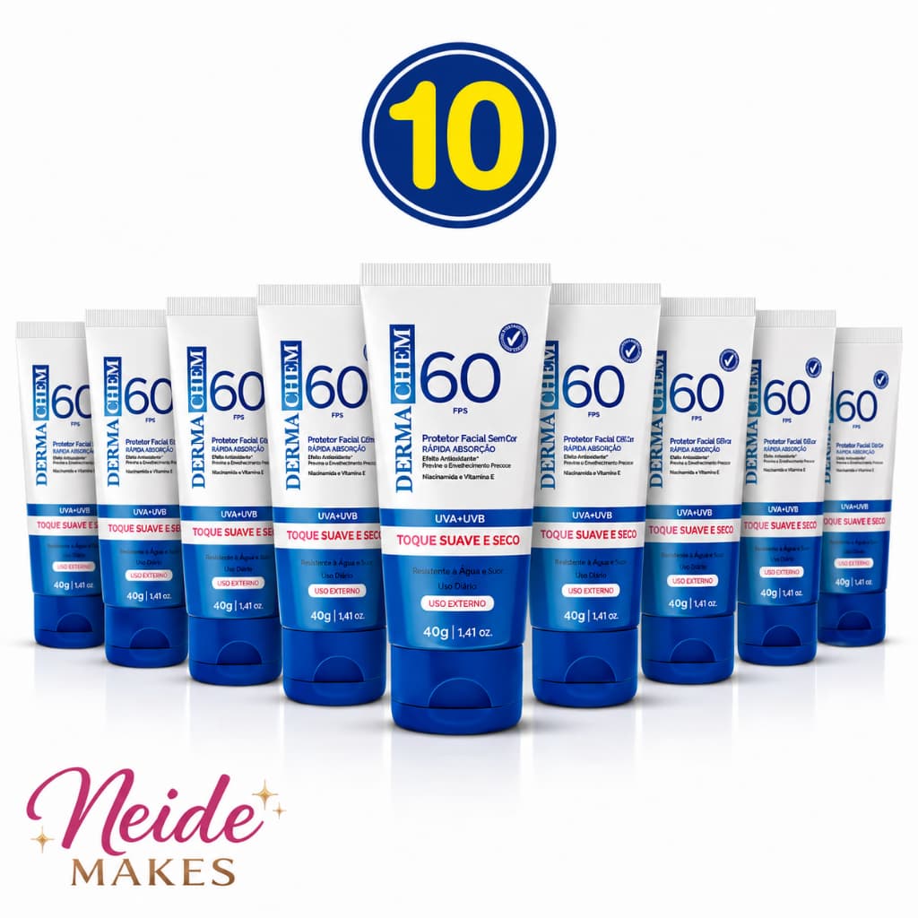 Kit 10 Protetor Solar Rosto FPS 60 Dermachem  Sem Cor Toque Seco 40g