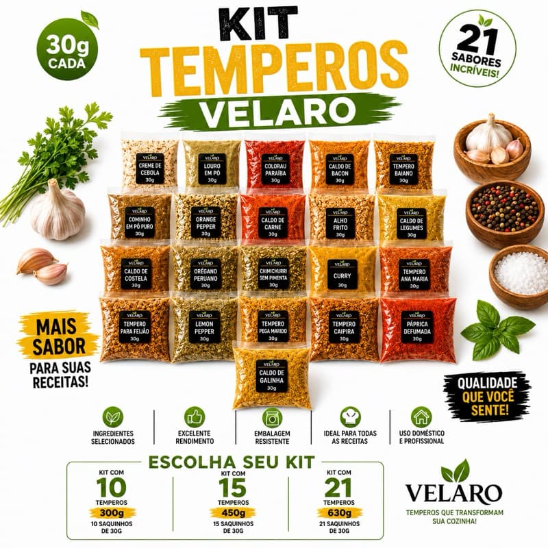 Kit 21 Temperos, 30g, Condimentos, Especiarias, Cozinha, Carnes e Churrasco.