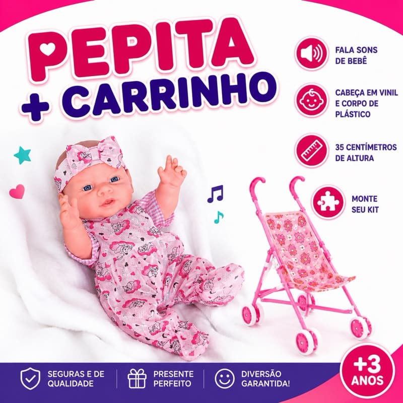 Boneca Com Chupeta e Mamadeira Pepita  Sons De Bebê Milk Fofa Que Fala Boneca com Carrinho