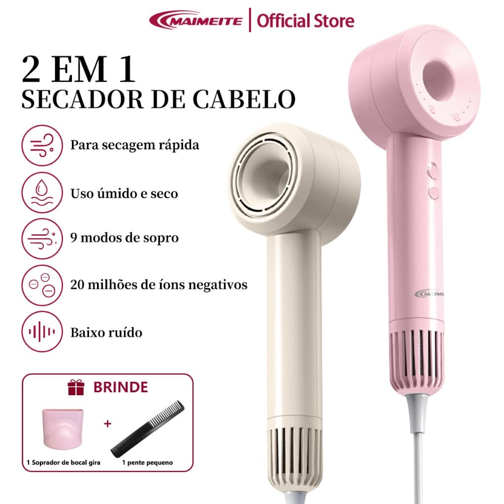MAIMEITE Secador de Cabelo Premium Alta Velocidade 800W Íons Negativos Profissional para Salão