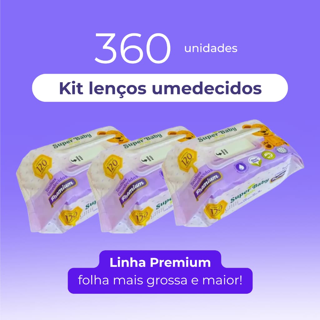 KIT Econômico Lenço Umedecido Bebê Super Baby Green Premium, 3 Pack, 360un. Sem alcool, Aloe Vera