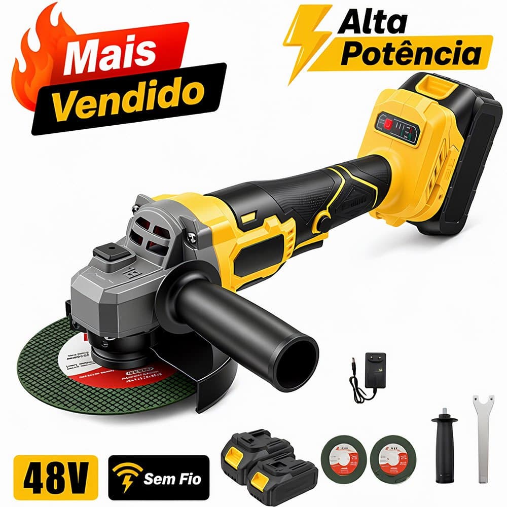 MOHOR Esmerilhadeira Angular Profissional 125mm Com Motor Potente 48V E 2 Baterias Para Trabalhos Pesados