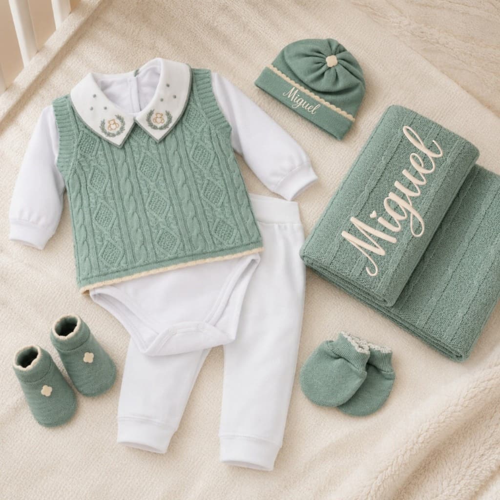Kit Saída Maternidade Personalizada Nome do Bebê Bordado Completa Menino Menina 7 Peças Tamanho RN