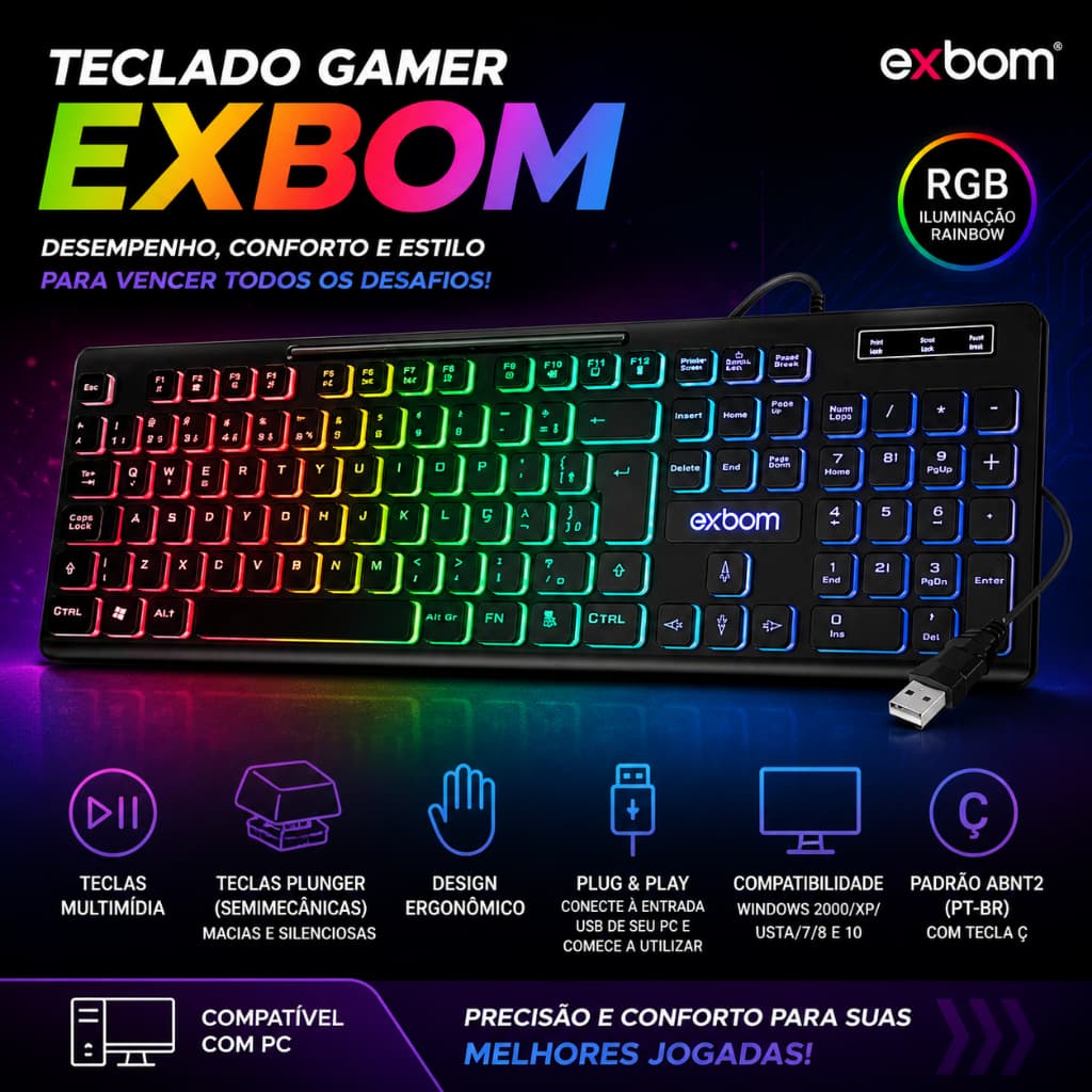 Teclado Gamer Jogos, Multimídia, Rainbow, Led Rgb ,Mecânico, ABNT2, Com Fio USB, PC, Computador, Notebook
