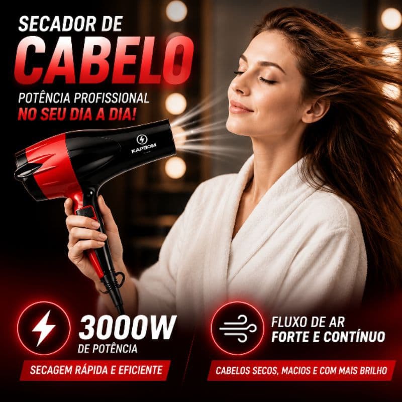 Secador de Cabelo Profissional 3000W Kapbom KA-0922 Vermelho 110V 2 Velocidades 3 Temperaturas