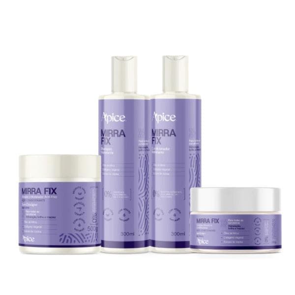 Kit Linha Mirra Fix contém: Shampoo Hidratante 300ml, Condicionador Hidrante 300 ml, Gelatina Ativadora 280g e Ativador