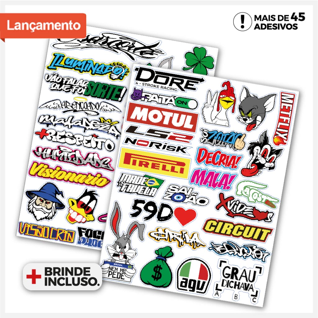Adesivos Moto Cartela +45 pçs - Adesivos para Moto Carro Sticker Notebook Celular Bike Copo - Diversos Modelos