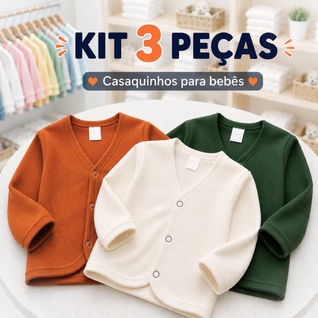 KIT 3 Peças Casaquinho Bebê Super Confortável | Casaco Infantil Suedine 100% Algodão Menino Menina